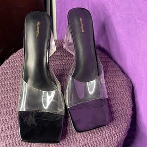 Black PU Patent Clear Triangle High Block Heeled Mules